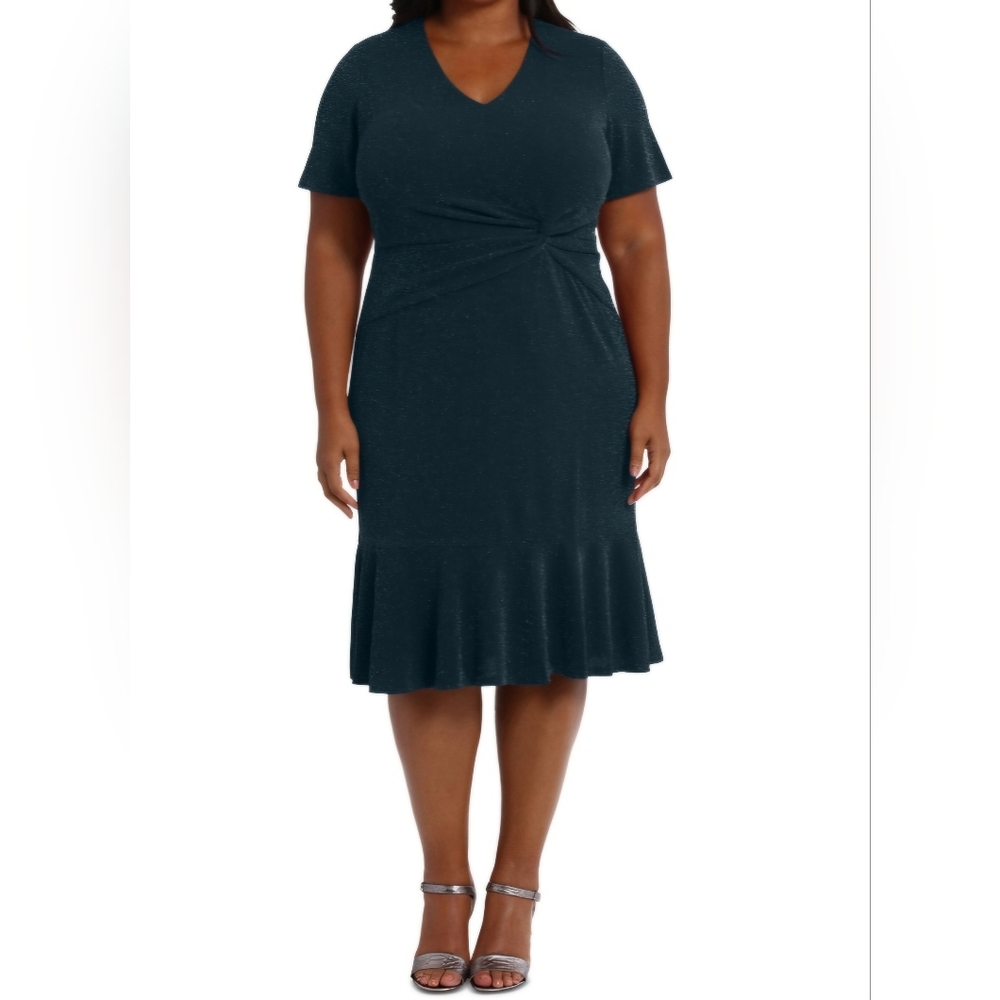 London Times Plus Size V-Neck Short-Sleeve Twist-Detail Dress - Green